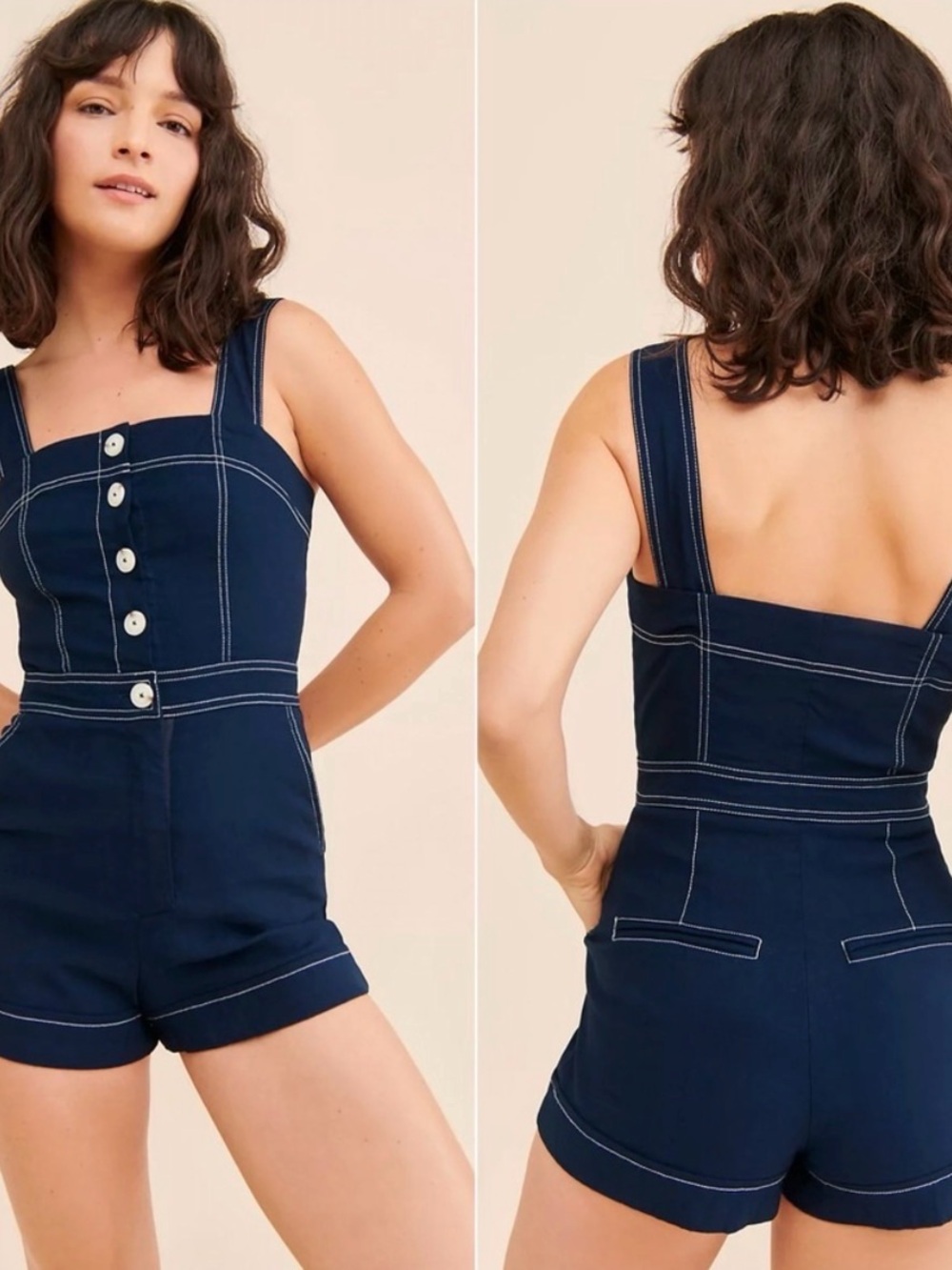 Anthropologie Maeve The Portside Button-Front Romper Denim Blue Petite Sz 4P